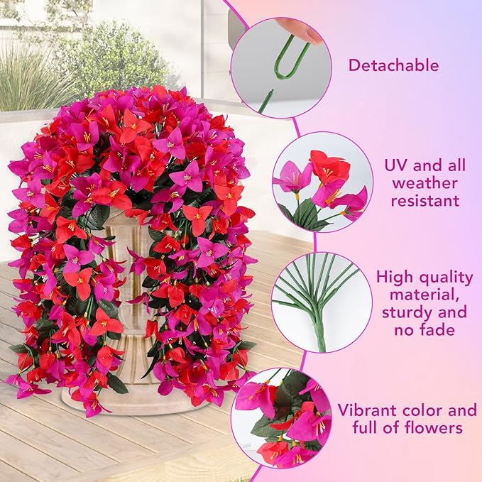 Artificial Bougainvillea Flowers for Outdoor Plant,2 pcs Faux Hanging Flowers Bougainvillea for Outside Decoration,Fake Silk UV Resistant Vines for Front Door Porch(Rose red+Fuchsia)