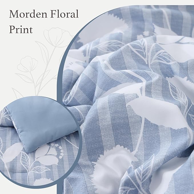 Full Comforter Set -7 Pieces Blue Floral Comforter Set for All Seasons, Bed in a Bag Full with Botanical Flowers Comforter, Sheets, Pillowcases & Shams