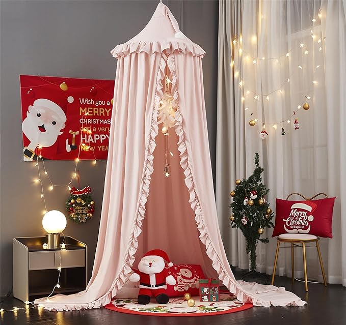VETHIN Bed Canopy for Girls,Princess Round Dome Dreamy Mosquito Net Bedding Girls Room Castle Play Tent Hanging House Decor Reading Nook Canopies (Beige Pink)