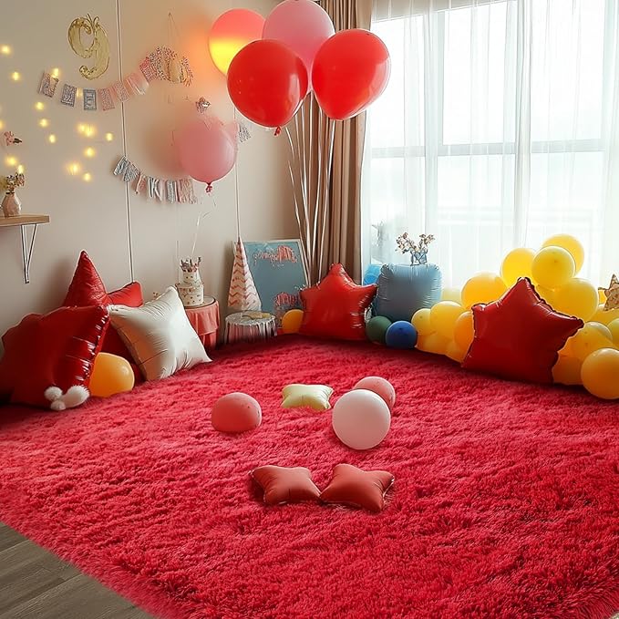 Red Fluffy Area Rug for Bedroom: Red Plush Rugs for Girls Room - Plush High-Pile Carpet for Living Room Christmas Home Decor(4x6 Feet)