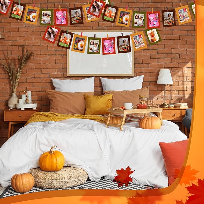 Janlaugh 100 Pcs Fall Paper Photo Frames 4x6 Fall Paper Frame with 100 Clip 10 String Kit DIY Hanging Cardboard Photo Holder Thanksgiving Wall Decor Wedding Home