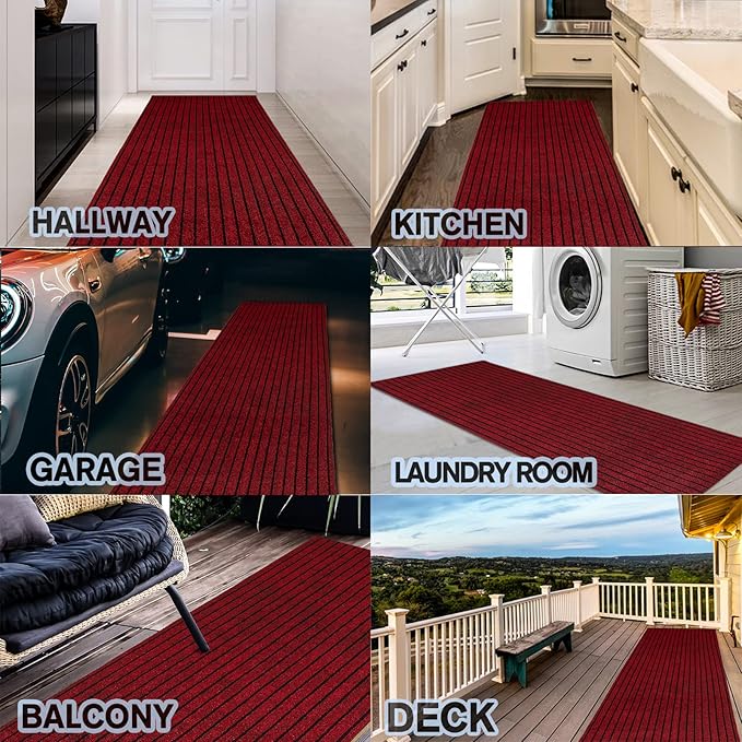 Custom Size Backed Non-Slip Area Rugs Runner, Easy Clean, Waterproof Runner Rugs for Hallway Entryway, Kitchen, Laundry, 3FT x 4FT, Red Stripe