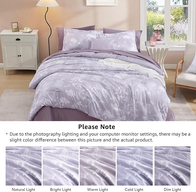 Queen Comforter Set -7 Pieces Floral Purple Comforter Set for All Seasons, Bed in a Bag Queen with Botanical Flowers Comforter, Sheets, Pillowcases & Shams