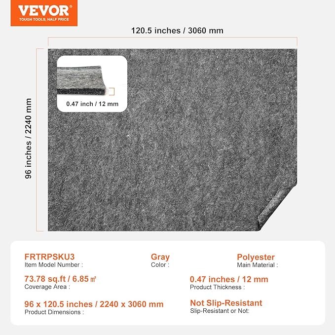 VEVOR Rug Pad Without Slip Resistance, Protective Cushioning Carpet Pad, 8' x 10', 1/2" Thick, 100% Pure Polyester Felt, 7-8㎡ Premium Comfort Underfoot Carpet Padding Rug Cushion for All Floors, Gray