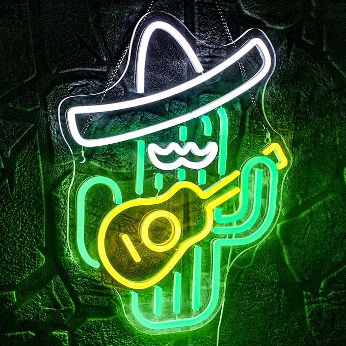 WLHOPE Cactus Neon Sign Cowboy Hat LED Signs Green Led Neon Signs for Wall Decor, Guitar Cactus Neon Led Signs USB Anime Neon Light for Bedroom Game Room Kids Room Home Bar Party Shop Gift