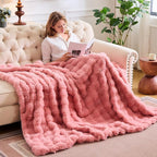 Lotus Karen Faux Fur Blanket - Old Pink Twin Size, Big Bubble Rabbit Fluff Blanket for Couch, 60x80 Inches