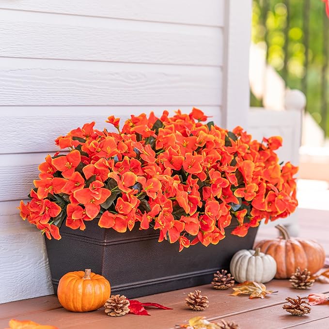 Ivydale Artificial Fall Flowers for Outdoors, 4 Bundles Fake Bougainvillea Flower Realistic Silk Flowers for Outside, Faux Fall Flowers for Outdoor Planters Patio Porch Home Decorations, Orange