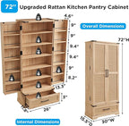 72" Tall Rattan Kitchen Pantry Cabinet with Drawer, Boho Storage Cabinet with 2 Rattan Doors and Shelves, Versatile Large Cabinet for Dining Room, Bathroom, Living Room, Laudry, Natural Oak