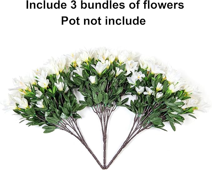 Artificial Flowers for Outdoors, 3 Bundles Fake Silk Azalea Bouquet Faux Flower Plants Outside Decoration UV Resistant Realistic Fake Flowers for Planter Front Door Patio Garden Walkways Home, White