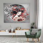 Japanese Geisha Tapestry Asian Red Cherry Blossom Red Sun Traditional Kimono Folk Tapestries Home Decor for Living Room Bedroom Apartment Farmhouse Dorm 80"x60"