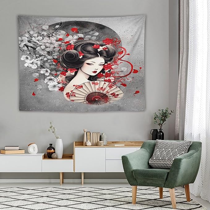 Japanese Geisha Tapestry Asian Red Cherry Blossom Red Sun Traditional Kimono Folk Tapestries Home Decor for Living Room Bedroom Apartment Farmhouse Dorm 80"x60"