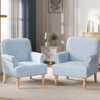 HUIMO Linen Fabric Accent Chairs Set of 2, Mid-Century Modern Armchair with Solid Wood Legs, Single Sofa Chair,Upholstered Reading Club Chair (2, Blue and White Stripe)
