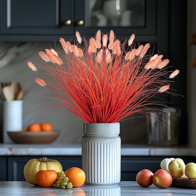 Fake Grass Fall Flowers Artificial Shrubs Artificial Grass Wheatgrass Cattails Fake Grass Decorations Artificial Plants Ornamental Grass Outdoor Grass Green Leafy Decorations (12PCS)Orange