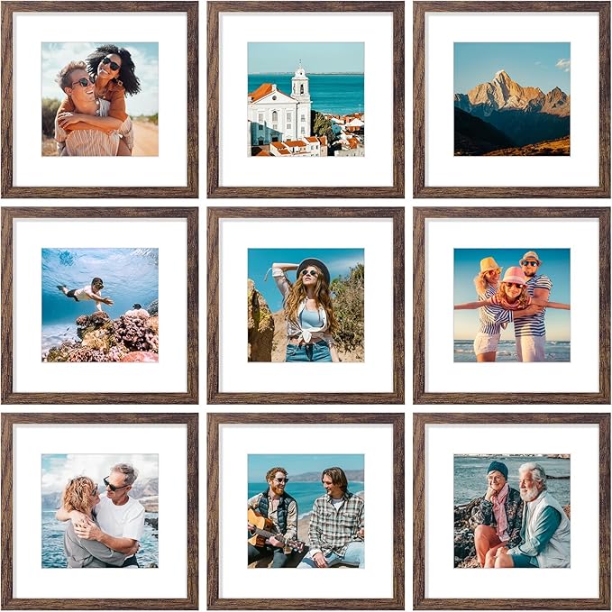 Vittanly 12x12 Picture Frames Set of 9, Shatter Resistant Plexiglass, Display 8x8 Pictures with Mat or 12x12 without Mat, Photo Frames for Wall Mount, Engineered Wood, Brown