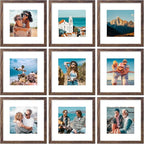 Vittanly 12x12 Picture Frames Set of 9, Shatter Resistant Plexiglass, Display 8x8 Pictures with Mat or 12x12 without Mat, Photo Frames for Wall Mount, Engineered Wood, Brown