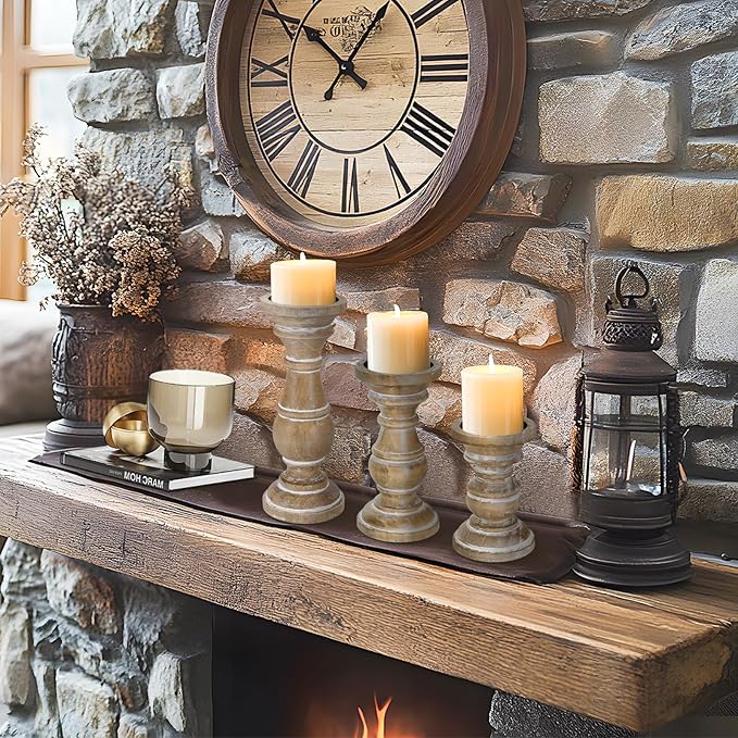 Candle Holder for Pillar Candle Set of 3, Farmhouse Wood Candle Holder, Rustic Wooden Candle Stand, Vintage Small Wooden Candlestick HoldersDecorative for Living Room, Table Centerpiece (Rusticbrown)