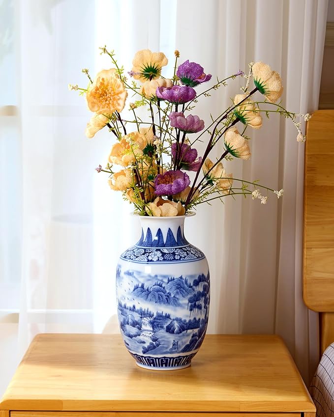 Blue and White Vintage Vase Chinoiserie Farmhouse Decorative Vases Flower Terracotta pots for Tableshelf Bookshelf Bathroom Living Room Kitchen 9.4 inch