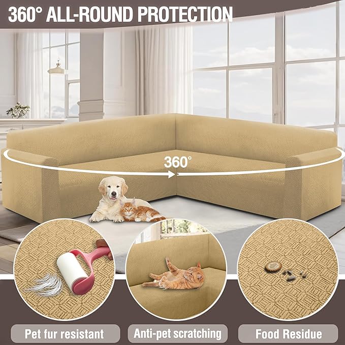 HDCAXKJ Sectional Couch Cover L Shape Stretch Sofa Covers Washable Jacquard Corner Couch Slipcover Non Slip Sectional Slip Cover U Shaped Furniture Protector for Pets Dogs (Tan, Large)