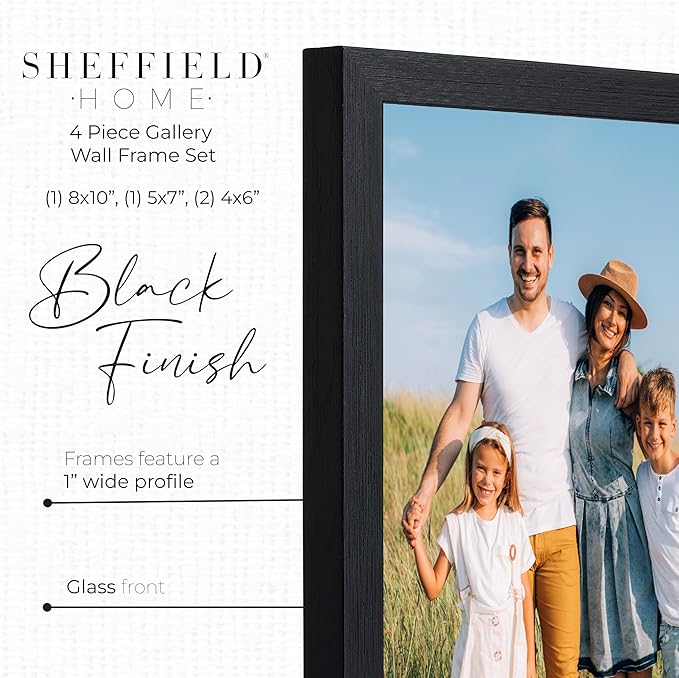 Sheffield Home 4 Piece Gallery Wall Frame Set, 8x10 Inch, 5x7 Inch, and 4x6 Inch, Black