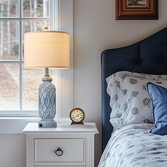 Farmhouse Lamps for Bedroom Set of 2, 28" Rustic Lamps for Living Room with USB Ports, 3-Way Dimmable Nightstand Table Lamp (Bulbs Included)