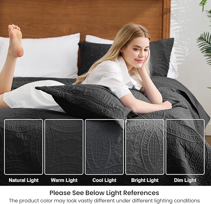 Love's cabin Quilts for Full Bed Black Bedspreads Bedding Set - Lightweight Bedspread Comforter - Coin Pattern Bedding Coverlet for All Season - 3 Pieces (1 Quilt, 2 Pillow Shams)