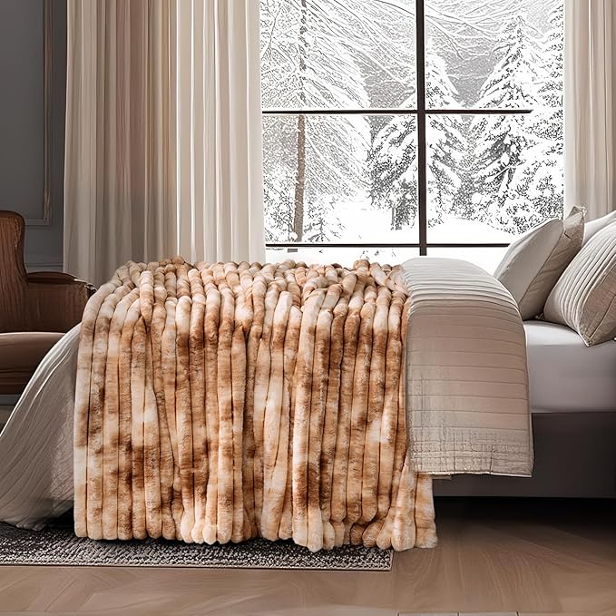 Amélie Home Faux Fur Throw Blanket for Couch, Cozy Fuzzy Fluffy Fur Luxurious Soft Striped Plush Gift Blankets for Family Sofa Chair Bed Living Room Bedroom, 55"x70", Tie-dye Khaki