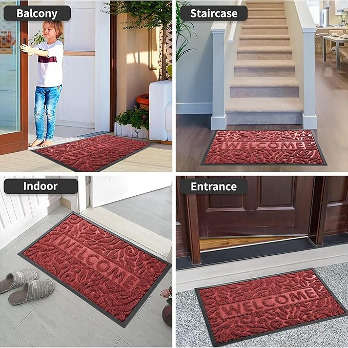 Yimobra Welcome Mat Outdoor, 36x24 Waterproof Large Door Mat Outside Entrance, All-Weather Non Slip Front Door Mat, Low-Profile Entryway Mat Indoor, Porch and Patio, Wine Red