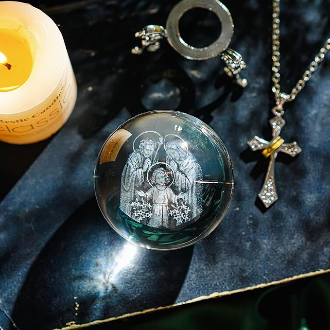 ZEERSHEE 3D Engraved Jesus Holy Family Crystal Ball Glass Jesus Statue Figurine Christian Religious Easter Gifts