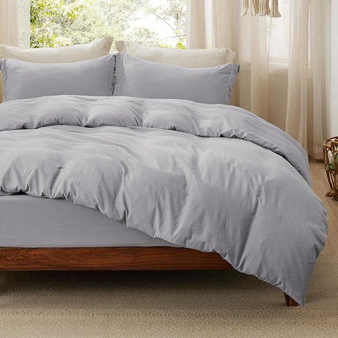 Bedsure Duvet Cover Queen Size with Fitted Sheet - 4 Pieces Prewashed Cotton-Like Extra Soft Bedding Set, Includes 1 Duvet Cover 90x90 Inches, 2 Pillow Shams, 1 Fitted Sheet, Light Grey