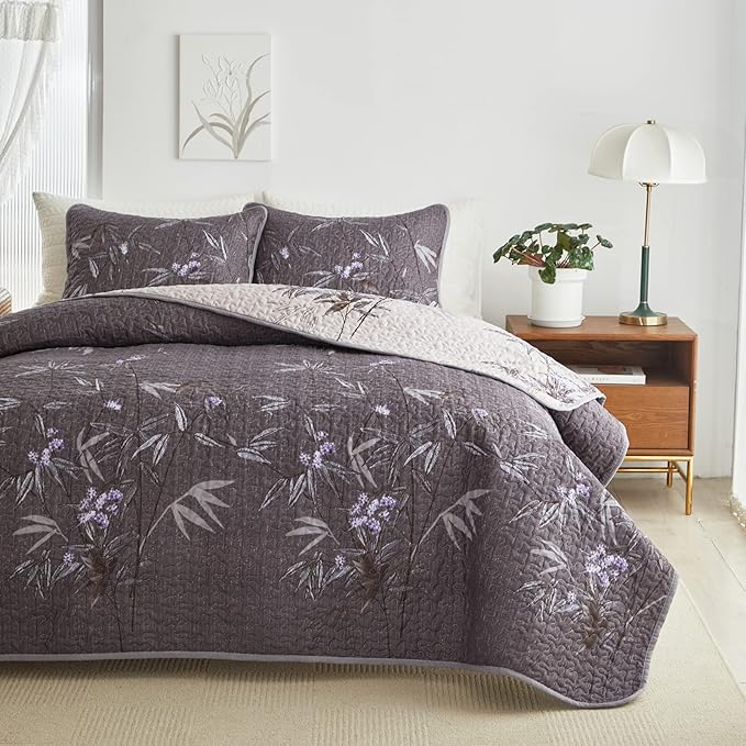 Flysheep Quilt Set 2 Pieces Twin Size, Black Leaves Botanical Design Reversible Bedspread Coverlet Set, Soft Microfiber Lightweight Bed Cover for Kids (68" x 86", 1 Quilt+ 1 Pillow Sham)