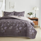 Quilt Set 3 Pieces Full/Queen Size, Black Leaves Botanical Design Reversible Bedspread Coverlet Set, Soft Microfiber Lightweight Bed Cover for All Season (90" x 90", 1 Quilt+ 2 Pillow Shams)