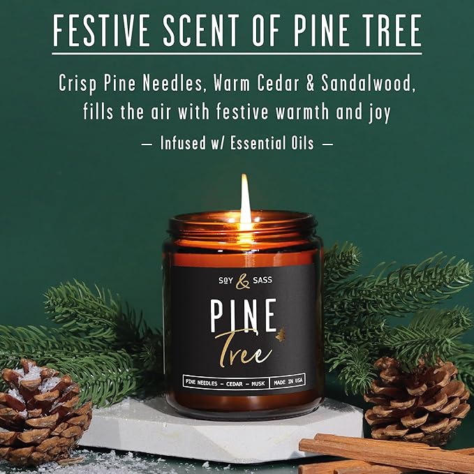 Pine Candle, Pine Scented Candles, Christmas Candles Scented - 'Pine Tree' Soy Candle, w/Fir Needles, Warm Cedar & Sandalwood - Infused with Essential Oils I Christmas Candles I 9oz, 50Hr, USA Made