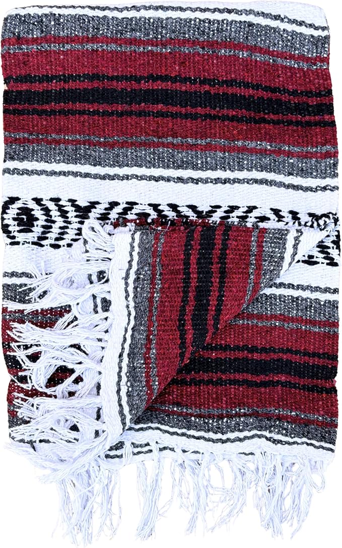 Del Mex Classic Mexican Blanket, Large Authentic Woven Falsa Throw (70"x50"), Artisan Southwest Décor for Beach, Yoga, Outdoors (Burgundy)