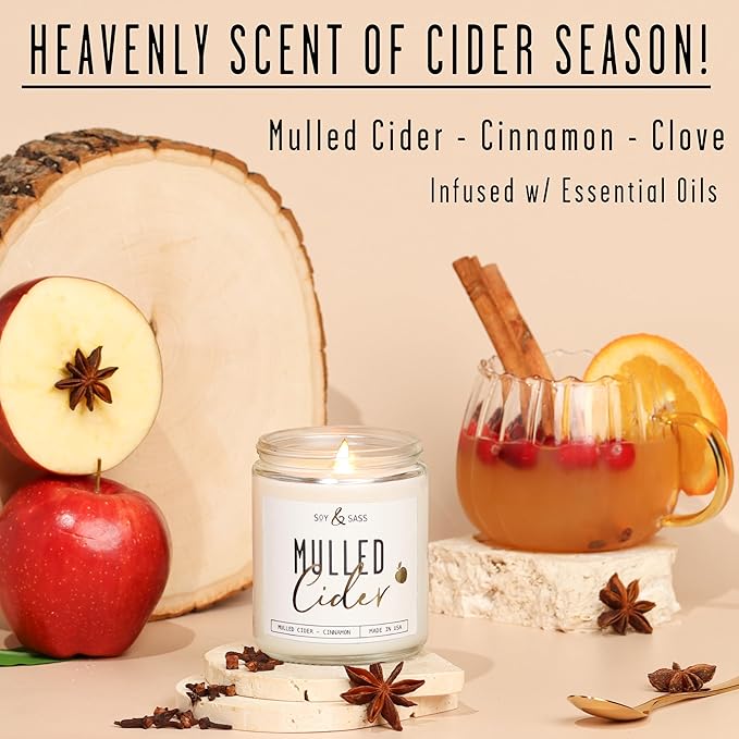 Mulled Cider Candle, Fall Candles I Apple Cider Candle w/Cinnamon & Nutmeg - Infused w/Essential Oils I Mulled Cider Fall Scented Candles (Soy) for Home I 9oz Reusable Jar I 50Hr Burn I Made in USA