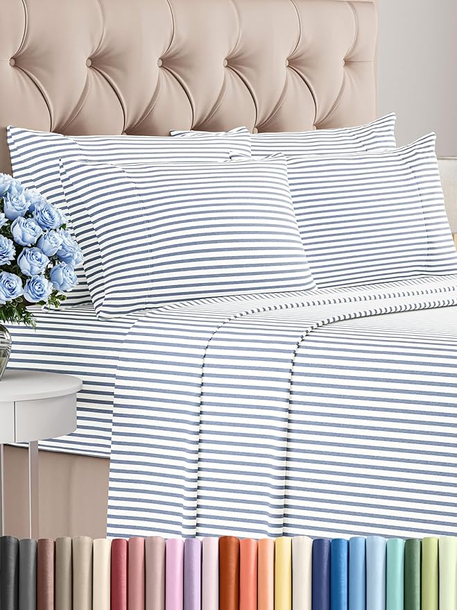 Full Sheets Set 6 Piece - Includes 4 Pillowcases - Bed Sheets Full Size - Soft Hotel Luxury Bedding - Cooling, Comfy & Breathable - 1 Flat & 1 Fitted & 4 Pillowcases w/ Deep Pockets - Blue Stripes