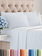 Full Sheets Set 6 Piece - Includes 4 Pillowcases - Bed Sheets Full Size - Soft Hotel Luxury Bedding - Cooling, Comfy & Breathable - 1 Flat & 1 Fitted & 4 Pillowcases w/ Deep Pockets - Blue Stripes