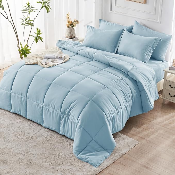JOLLYVOGUE California King Comforter Set, Ultra-Soft Bed in a Bag Cal King Size 7 Pieces, Oeko-TEX Certified Bedding Set with Down Alternative Comforter, Sheets, Pillowcases & Shams, Lake Blue