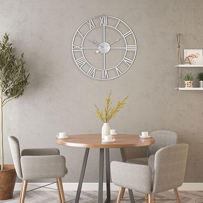 LEIKE 24" Modern Large Wall Clocks,Vintage, Round,Silent Non Ticking,Battery Operated,Silver Metal Roman Numerals Clock for Living Room/Bedroom/Kitchen Decor