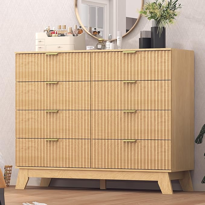 Fluted Dresser for Bedroom,8 Drawer Dresser for Closet Organizer and Storage Cabinet,Chest of Drawers with Gold Handle,TV Stand,Storage Organizer for Living Room,Hallway,Entryway,Nature Oak