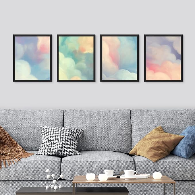 SIGNWIN Framed White Pastel Watercolor Rainbow Sky Clouds Wall Art, Set of 4 Abstract Geometric Wall Decor Prints, Nature Wilderness Wall Décor for Living Room, Bedroom - 11"x14" Black