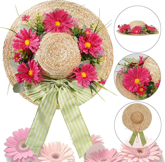 Dilicoming Spring Wreaths for Front Door - 16 Inch Spring Summer Hat Wreath with Artificial Flower, Gift for Women, Indoor Outdoor Wreaths for Wall, Window, Farmhouse, Party, Holiday Home Décor