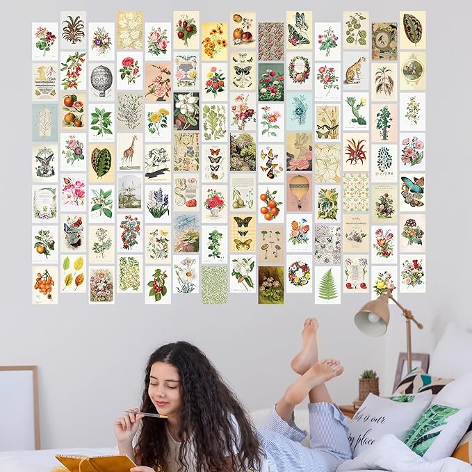 Artivo Wall Collage Kit Aesthetic Pictures, Vintage Wall Collage Kit 100 set 4x6, Bedroom Decor for Teen Girls, Botanical Flower Collage Kit for Wall Aesthetic Posters, Photo Collection