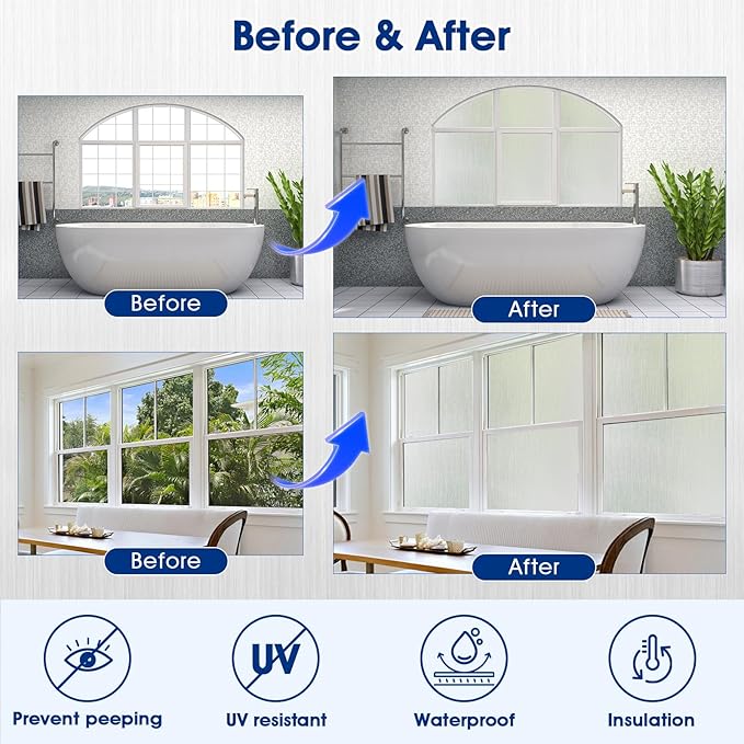 Privacy Window Film Static Cling, Frosted Glass Decorative Window Film with 96% UV Blocking, Non-Adhesive Removable Window Cling for Home Office Bathroom, 23.6 x 118.1 Inches, Pure