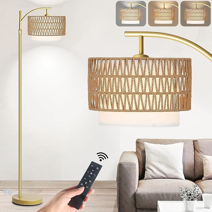 Arc Floor Lamp for Living Room,Gold Floor Lamps with Remote Control & Dimmable Bulb,Rattan Boho Tall Standing Lamp for Bedroom Office