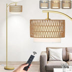 Arc Floor Lamp for Living Room,Gold Floor Lamps with Remote Control & Dimmable Bulb,Rattan Boho Tall Standing Lamp for Bedroom Office