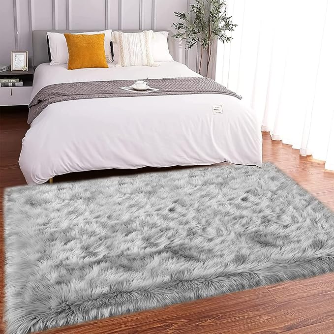 Latepis 3x5 Faux Sheepskin Rug, Faux Fur Rug for Living Room, Fluffy Washable Rugs for Bedroom, Teen Bedroom Decor, Grey Fluffy Rugs, Rectangle