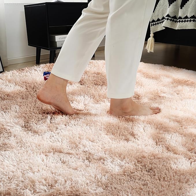 Fluffy Round Rug,Soft Area Rugs for Girls Room,Shaggy Rugs 6'X6' for Living Room,Non Slip Circle Rug for Kids Bedroom,Shag Plush Nursery Carpets,Fuzzy Rug for Dorm,Room Decor Carpet,Tie-Dyed Beige