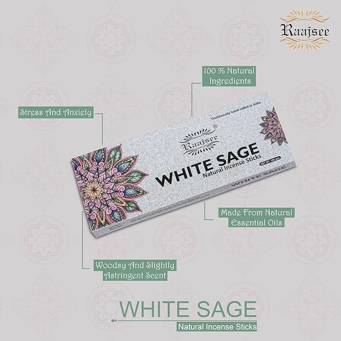 Raajsee White Sage Incense Sticks, 100%-Natural Charcoal Free Organic Non Toxic Clean Burning Handmade Insence Sticks 100 gm Pack, Meditation Gifts – Spritual Cleansing