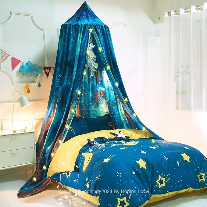 Galaxy Print Kids Bed Canopy, Girls Princess Canopy Dreamy Room Decor, Soft Hanging Reading Nook Play Tent Canopy, Extra Large Full Size Bed Canopy with String Light