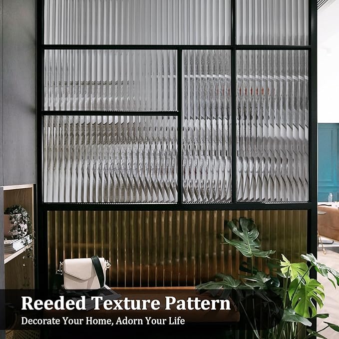 Window Privacy Film, Frosted Reeded Glass Cling, 3D Decorative Coverings with UV Blocking, Adhesive Stickers for Bathroom Doors Cabinet